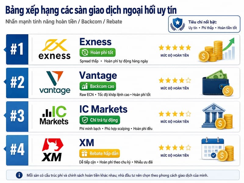 Bảng xếp hạng các sàn giao dịch ngoại hối uy tín của Exness, Vantage, IC Markets và XM
