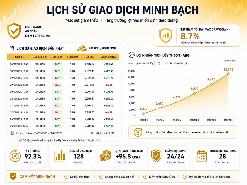 Mô phỏng lịch sử giao dịch minh bạch hiển thị mức sụt giảm tài khoản thấp