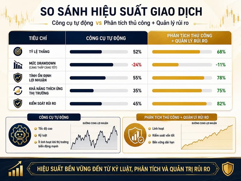 So sánh hiệu suất giao dịch giữa việc sử dụng công cụ tự động và giao dịch theo phân tích thủ công kết hợp quản lý rủi ro
