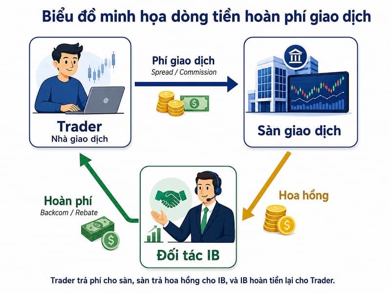 Biểu đồ minh họa dòng tiền từ Trader trả cho Sàn giao dịch, Sàn giao dịch trả hoa hồng cho Đối tác IB, và Đối tác IB hoàn tiền lại cho Trader